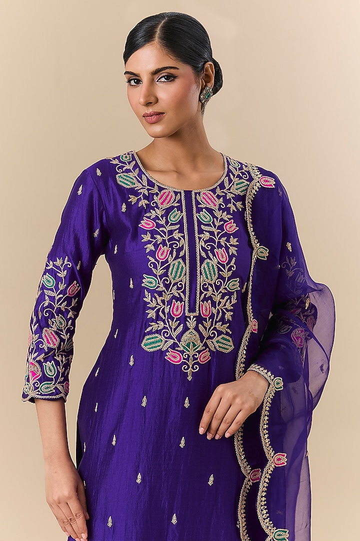 Purple Spun Silk Marori Embroidered Kurta Set by SURBHI SHAH at Pernia's Pop Up Shop