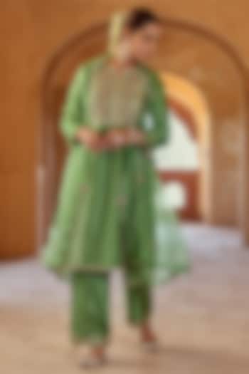 Powder Sage Green Spun Silk Gota Work Kurta Set by SURBHI SHAH at Pernia's Pop Up Shop
