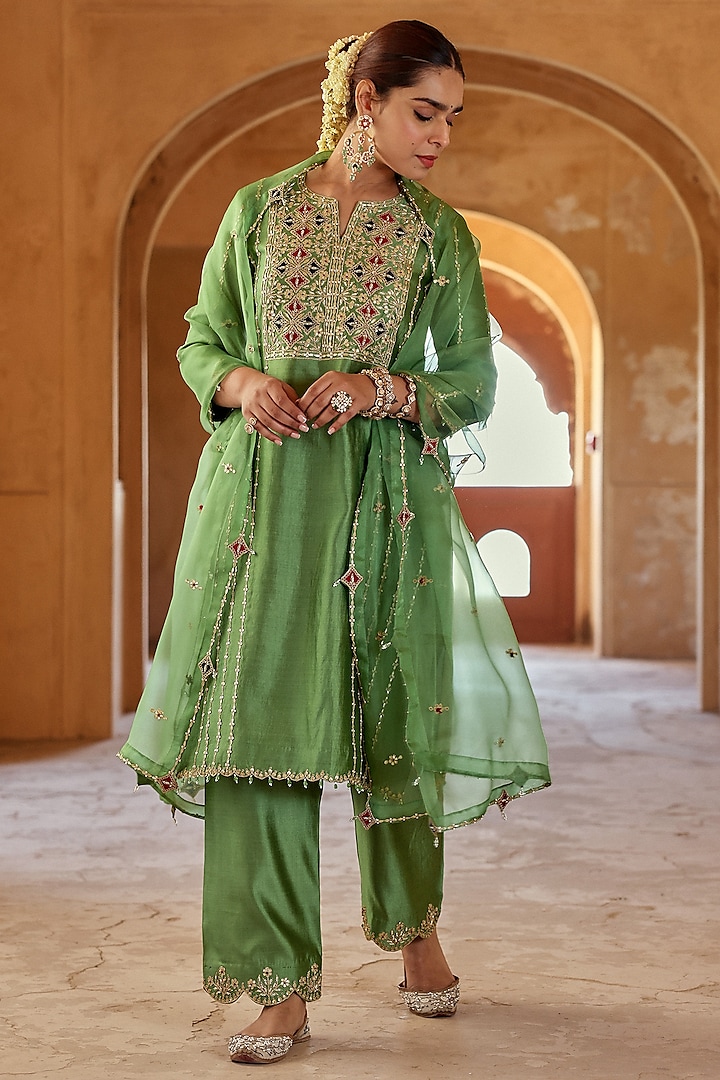 Powder Sage Green Spun Silk Gota Work Kurta Set by SURBHI SHAH at Pernia's Pop Up Shop