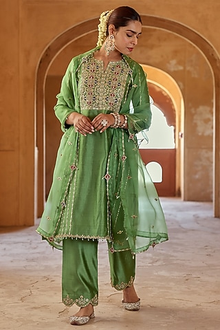 Powder Sage Green Spun Silk Gota Work Kurta Set by SURBHI SHAH