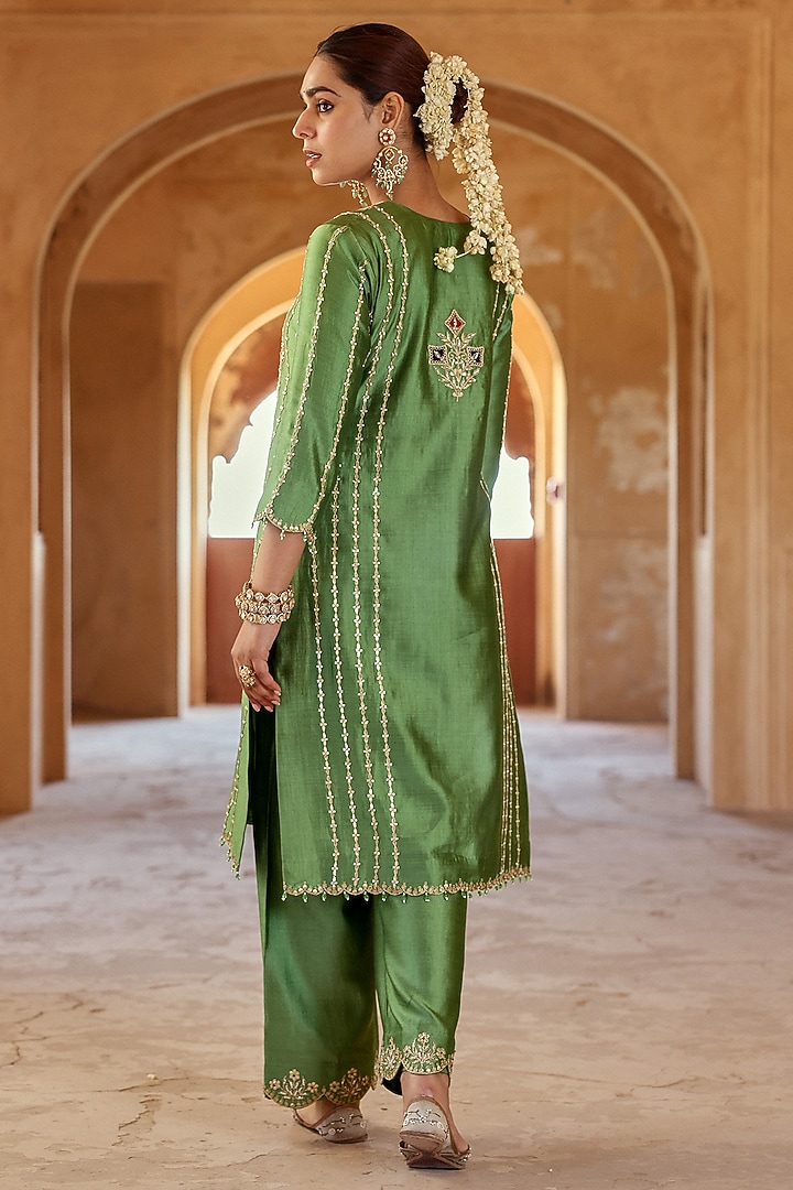 Powder Sage Green Spun Silk Gota Work Kurta Set by SURBHI SHAH at Pernia's Pop Up Shop