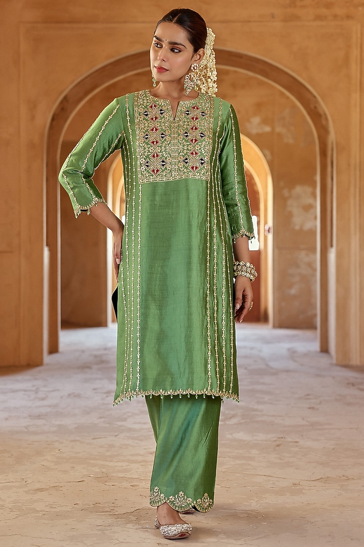 Powder Sage Green Spun Silk Gota Work Kurta Set by SURBHI SHAH at Pernia's Pop Up Shop