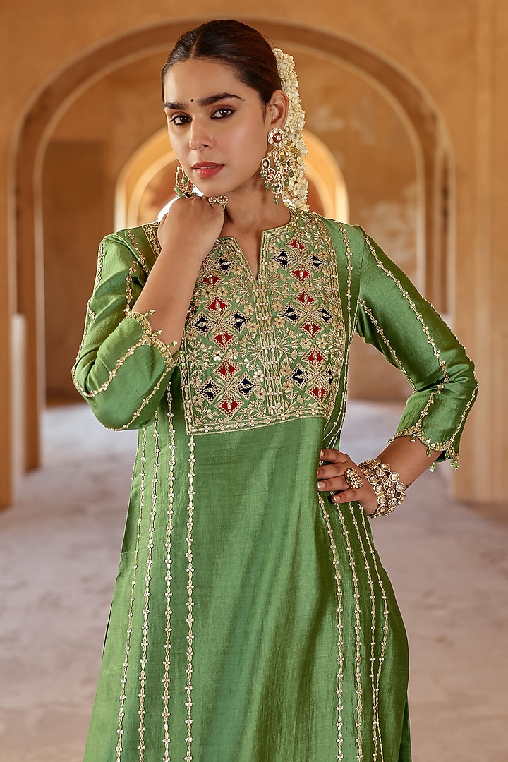 Powder Sage Green Spun Silk Gota Work Kurta Set by SURBHI SHAH at Pernia's Pop Up Shop