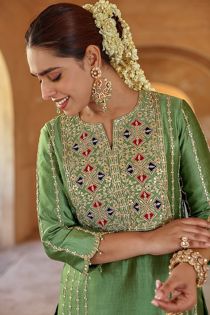 Powder Sage Green Spun Silk Gota Work Kurta Set by SURBHI SHAH at Pernia's Pop Up Shop