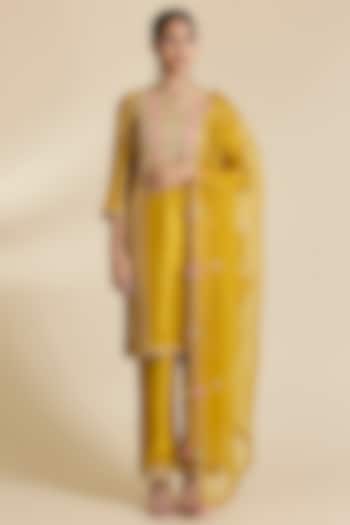 Mustard Spun Silk Gota & Marori Work Kurta Set by SURBHI SHAH at Pernia's Pop Up Shop