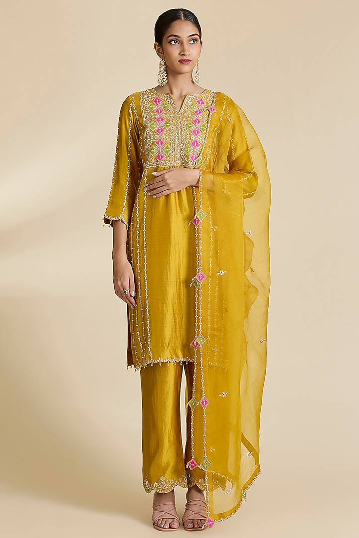 Mustard Spun Silk Gota & Marori Work Kurta Set by SURBHI SHAH at Pernia's Pop Up Shop