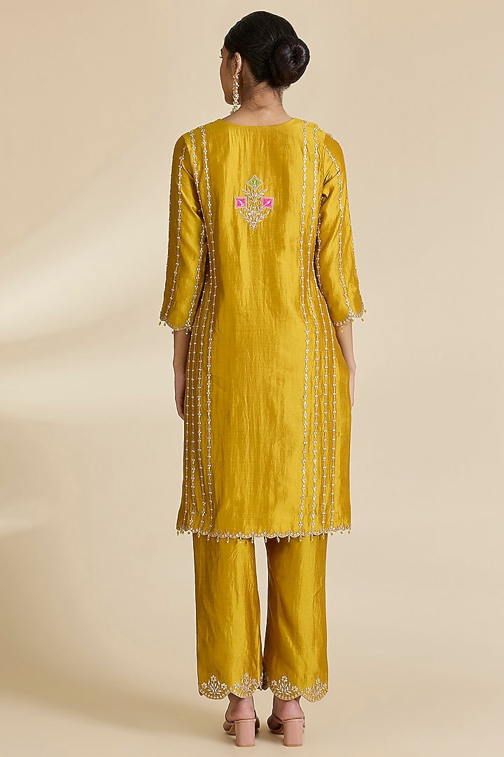 Mustard Spun Silk Gota & Marori Work Kurta Set by SURBHI SHAH at Pernia's Pop Up Shop