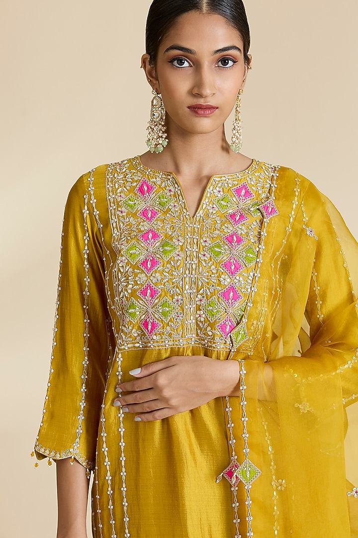 Mustard Spun Silk Gota & Marori Work Kurta Set by SURBHI SHAH at Pernia's Pop Up Shop