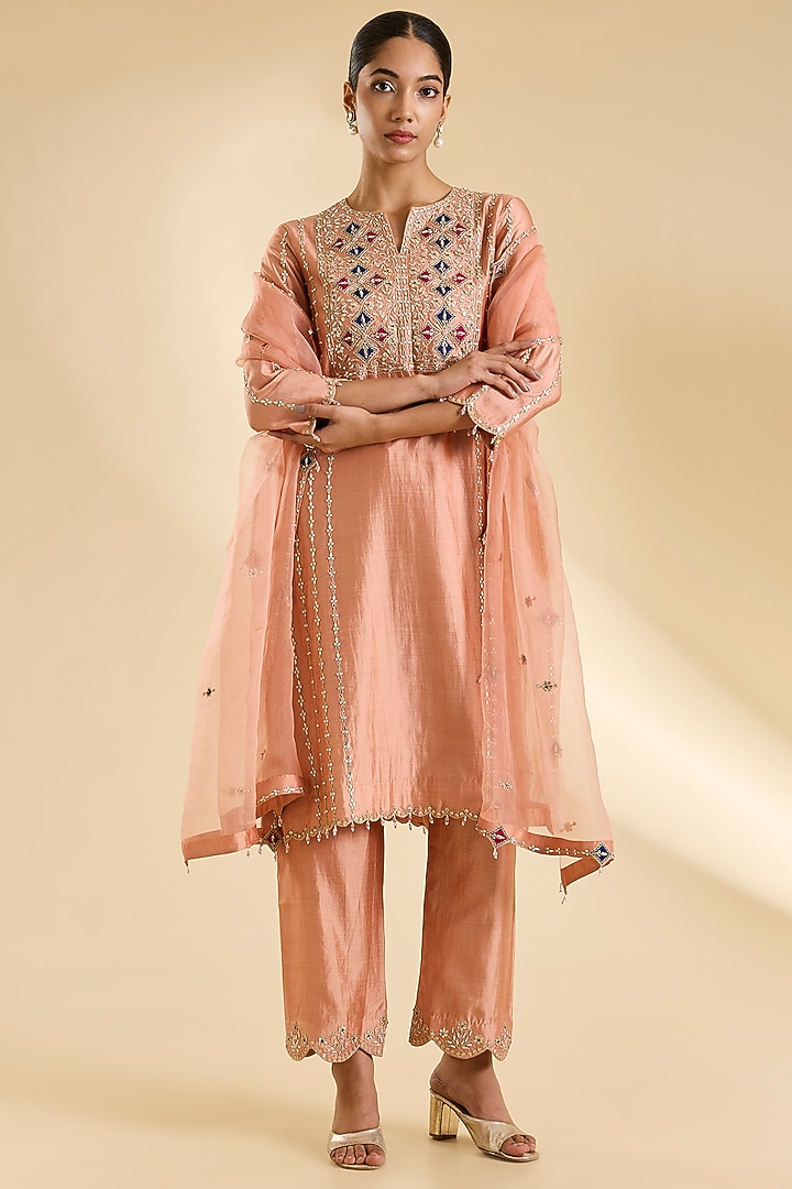 Old Rose Spun Silk Gota Work Kurta Set by SURBHI SHAH at Pernia's Pop Up Shop