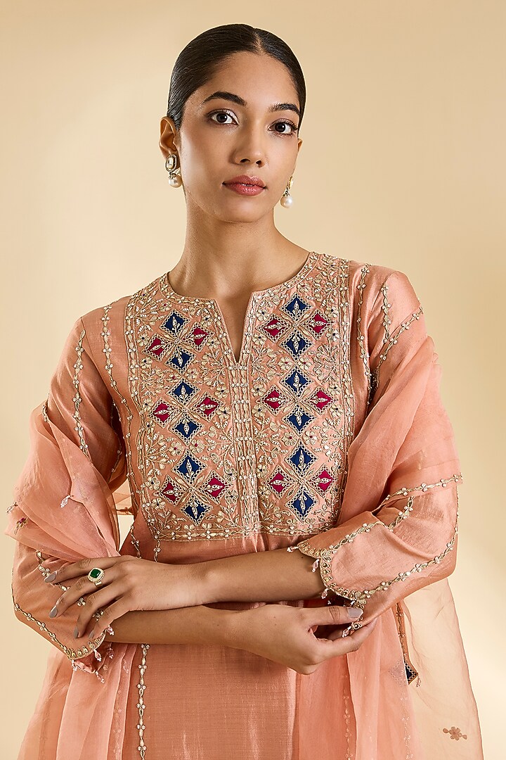 Old Rose Spun Silk Gota Work Kurta Set by SURBHI SHAH at Pernia's Pop Up Shop