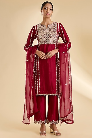 Maroon Spun Silk Gota & Marori Work Kurta Set by SURBHI SHAH