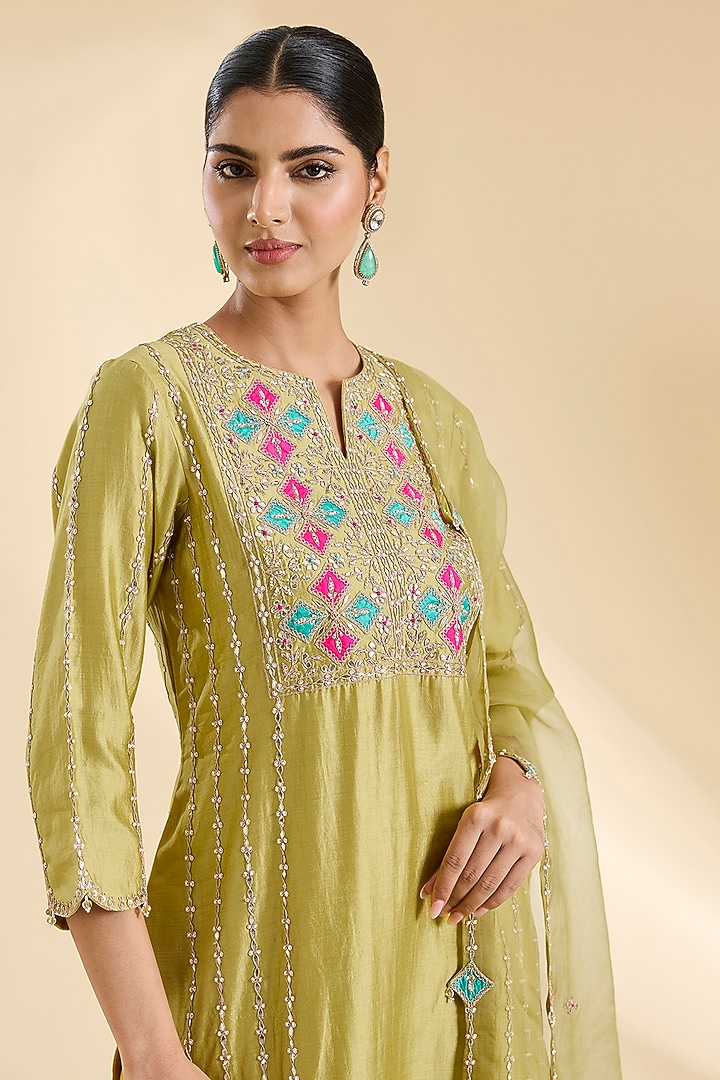 Powder Yellow Spun Silk Gota Work Kurta Set by SURBHI SHAH at Pernia's Pop Up Shop