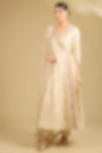 Ivory Spun Silk Pearl Work Angrakha Wedding Anarkali Set by SURBHI SHAH at Pernia's Pop Up Shop