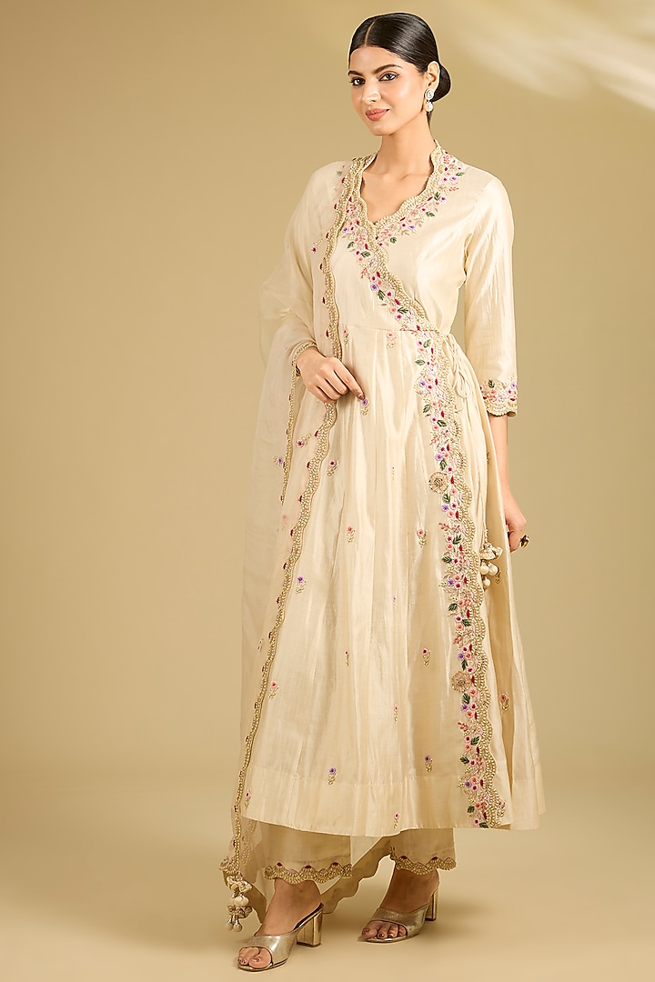Ivory Spun Silk Pearl Work Angrakha Wedding Anarkali Set by SURBHI SHAH at Pernia's Pop Up Shop