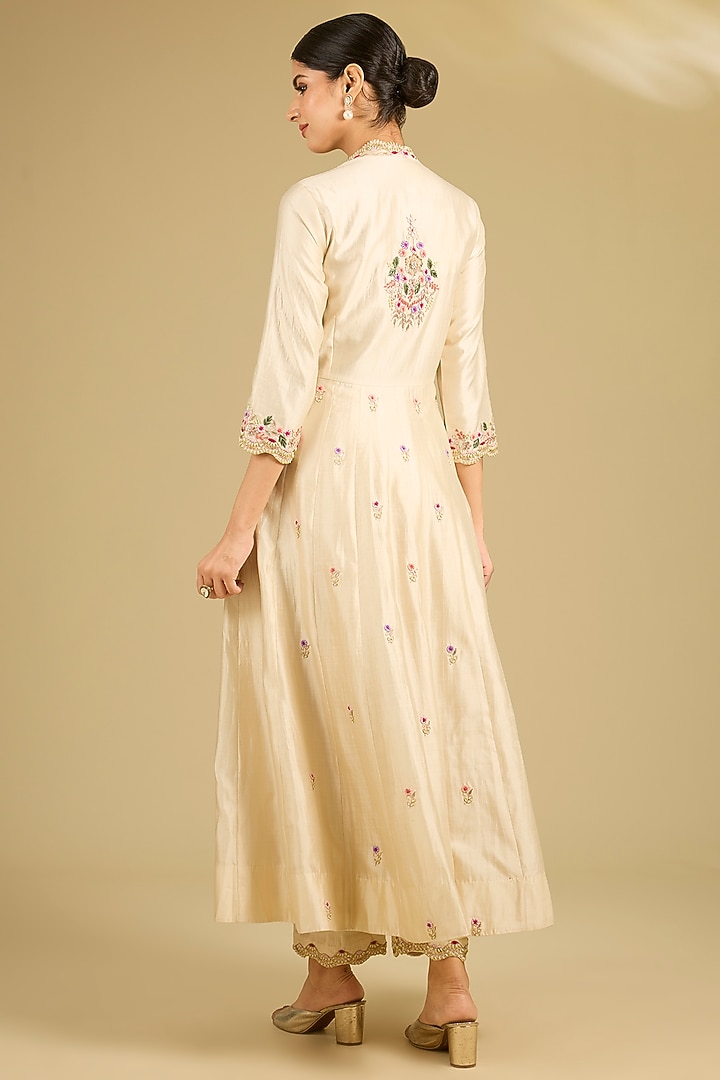 Ivory Spun Silk Pearl Work Angrakha Wedding Anarkali Set by SURBHI SHAH at Pernia's Pop Up Shop