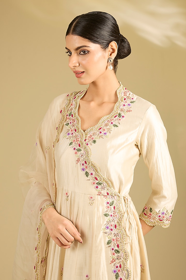 Ivory Spun Silk Pearl Work Angrakha Wedding Anarkali Set by SURBHI SHAH at Pernia's Pop Up Shop