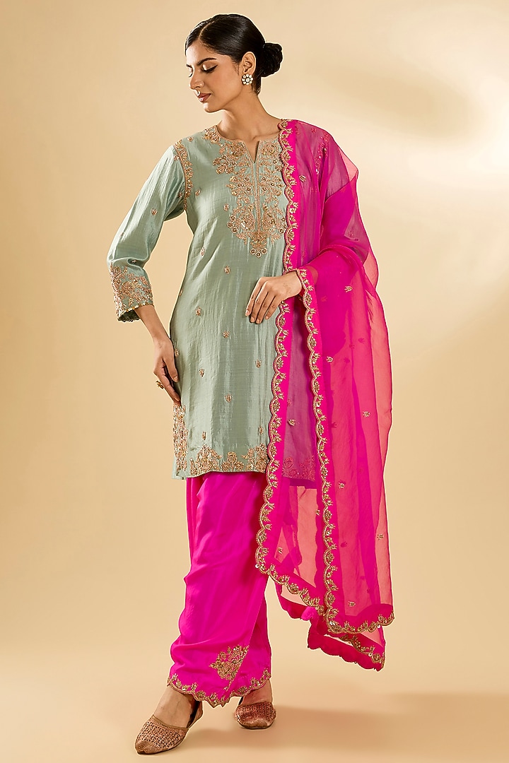 Sea Blue Spun Silk & Pure Silk Sequin Work Kurta Set by SURBHI SHAH at Pernia's Pop Up Shop