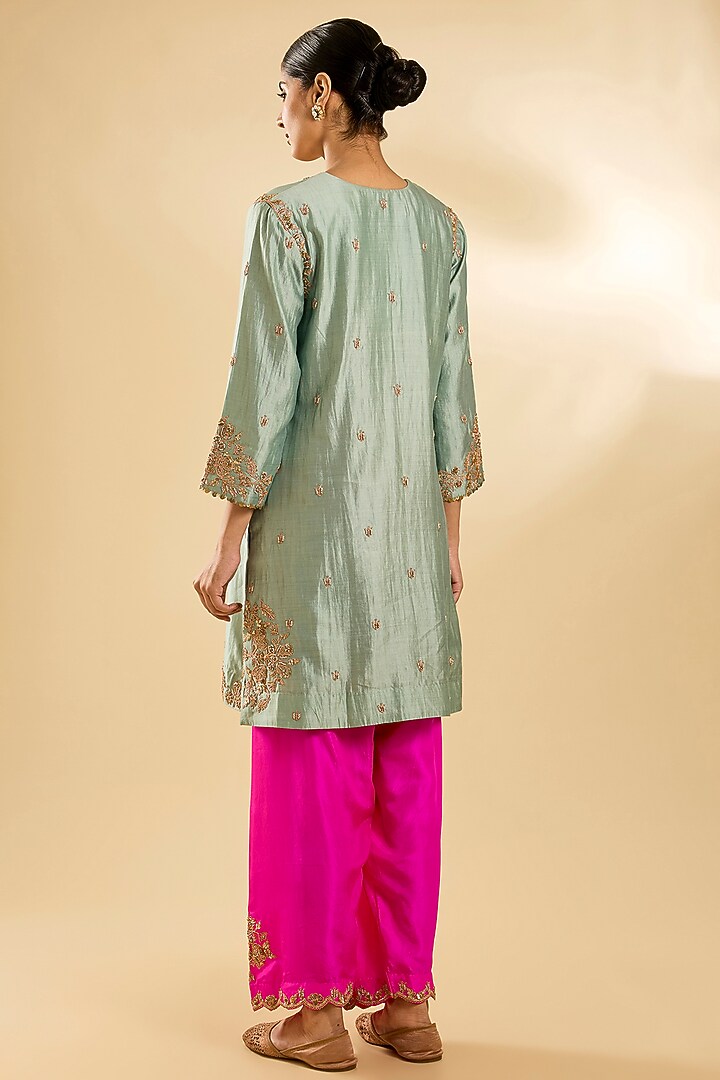Sea Blue Spun Silk & Pure Silk Sequin Work Kurta Set by SURBHI SHAH at Pernia's Pop Up Shop