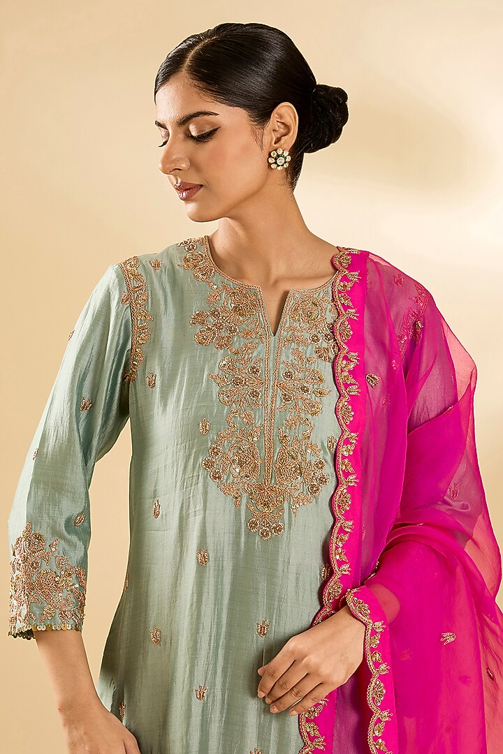 Sea Blue Spun Silk & Pure Silk Sequin Work Kurta Set by SURBHI SHAH at Pernia's Pop Up Shop