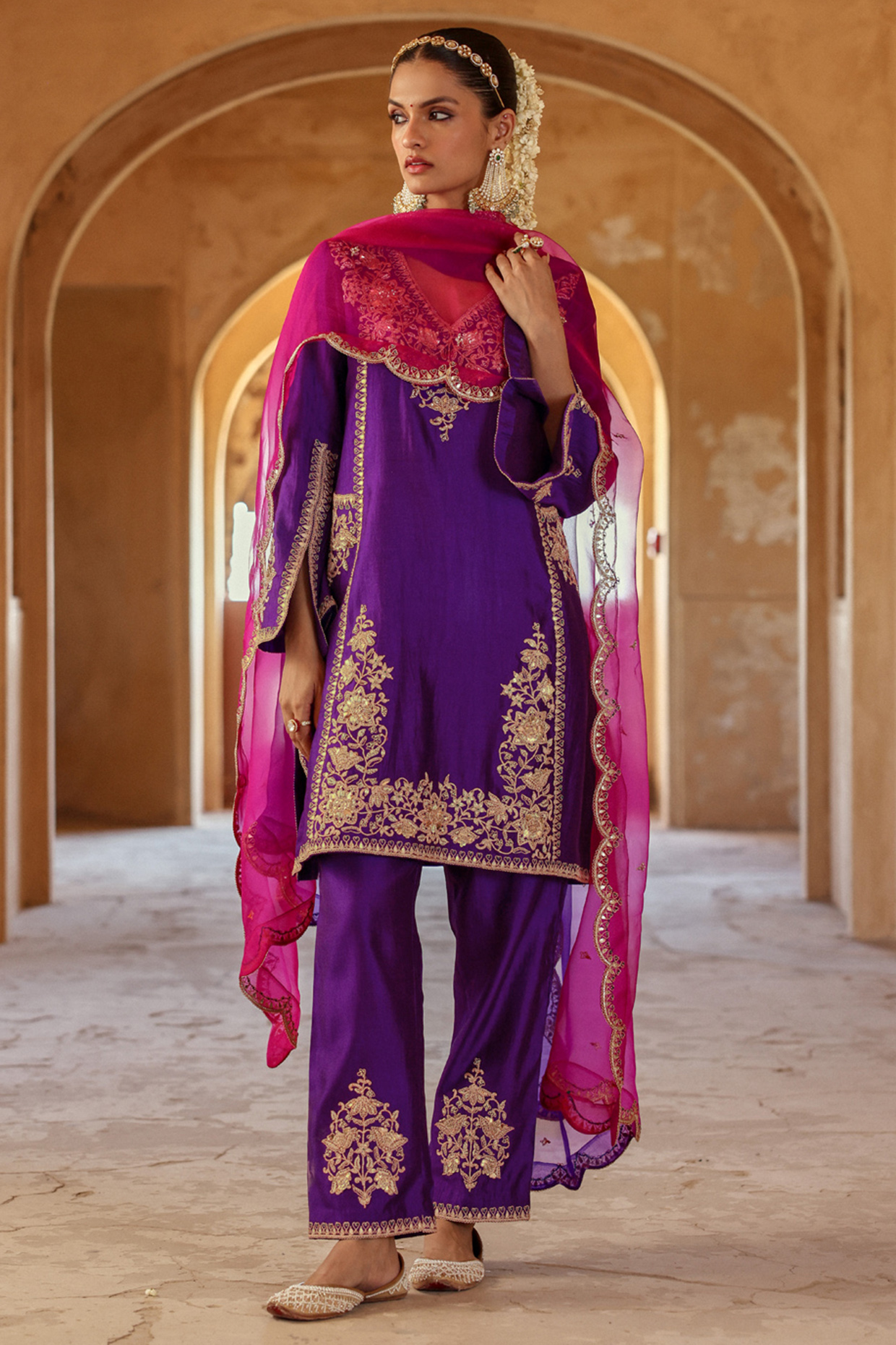 Purple Spun Silk Sequins Work Kurta Set by SURBHI SHAH at Pernia's Pop Up Shop