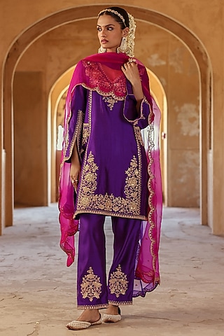 Purple Spun Silk Sequins Work Kurta Set by SURBHI SHAH
