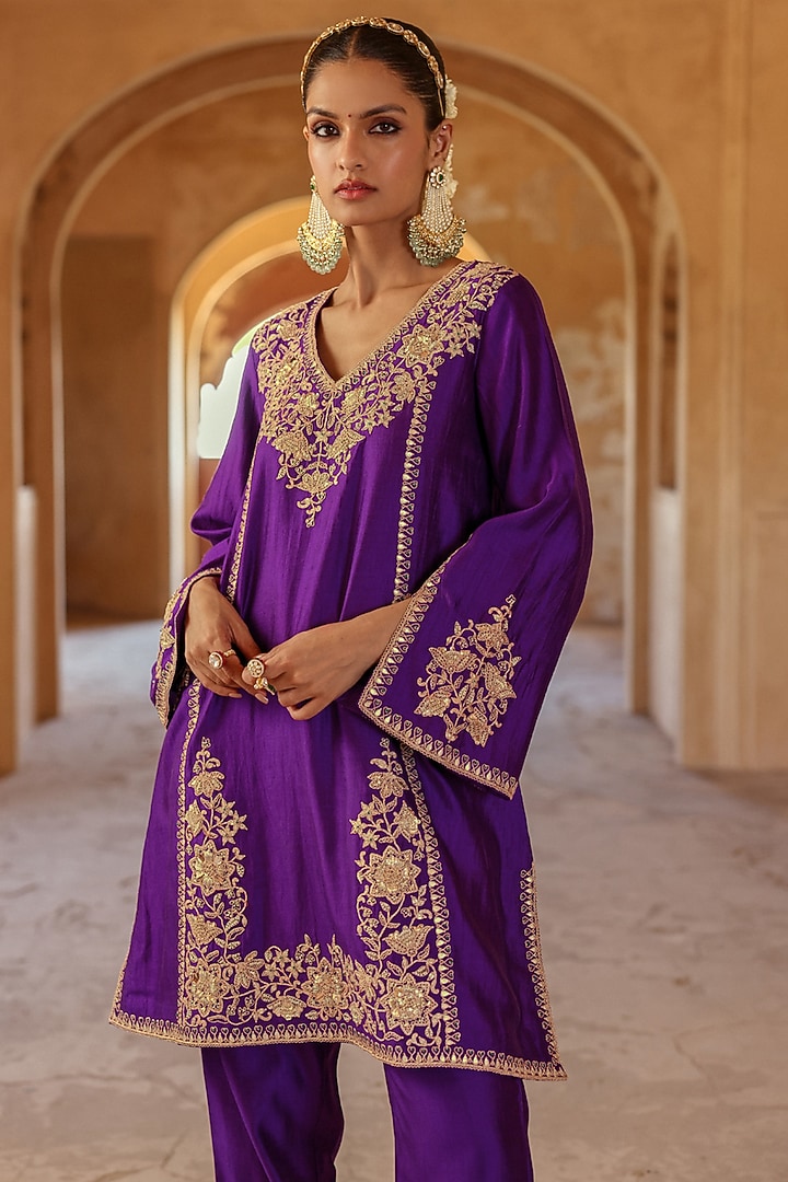 Purple Spun Silk Sequins Work Kurta Set by SURBHI SHAH at Pernia's Pop Up Shop