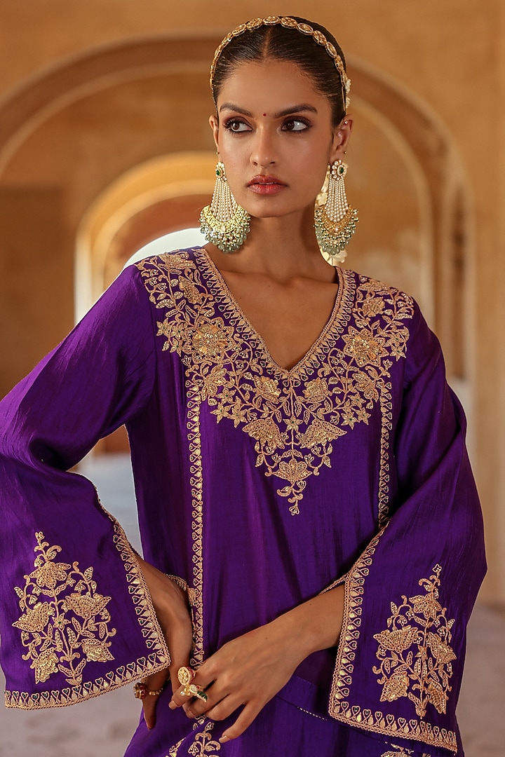 Purple Spun Silk Sequins Work Kurta Set by SURBHI SHAH at Pernia's Pop Up Shop