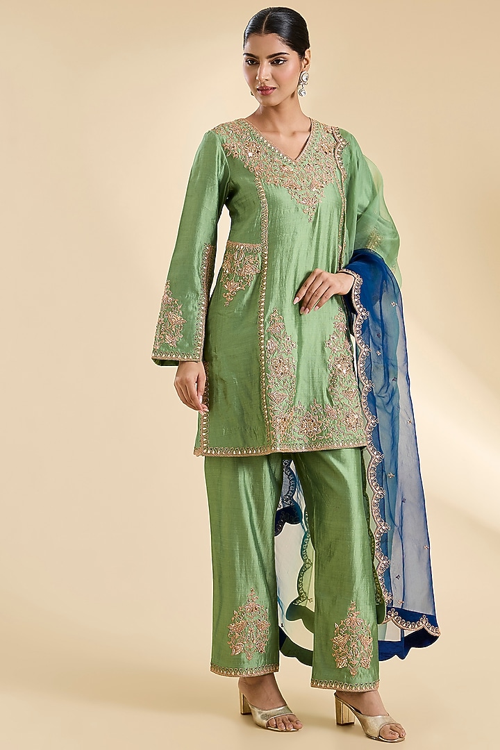 Powder Sage Green Spun Silk Sequins Work Kurta Set by SURBHI SHAH at Pernia's Pop Up Shop