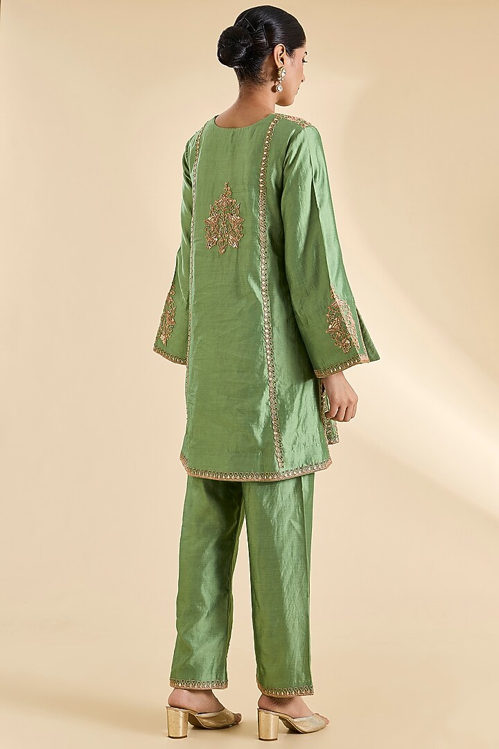 Powder Sage Green Spun Silk Sequins Work Kurta Set by SURBHI SHAH at Pernia's Pop Up Shop