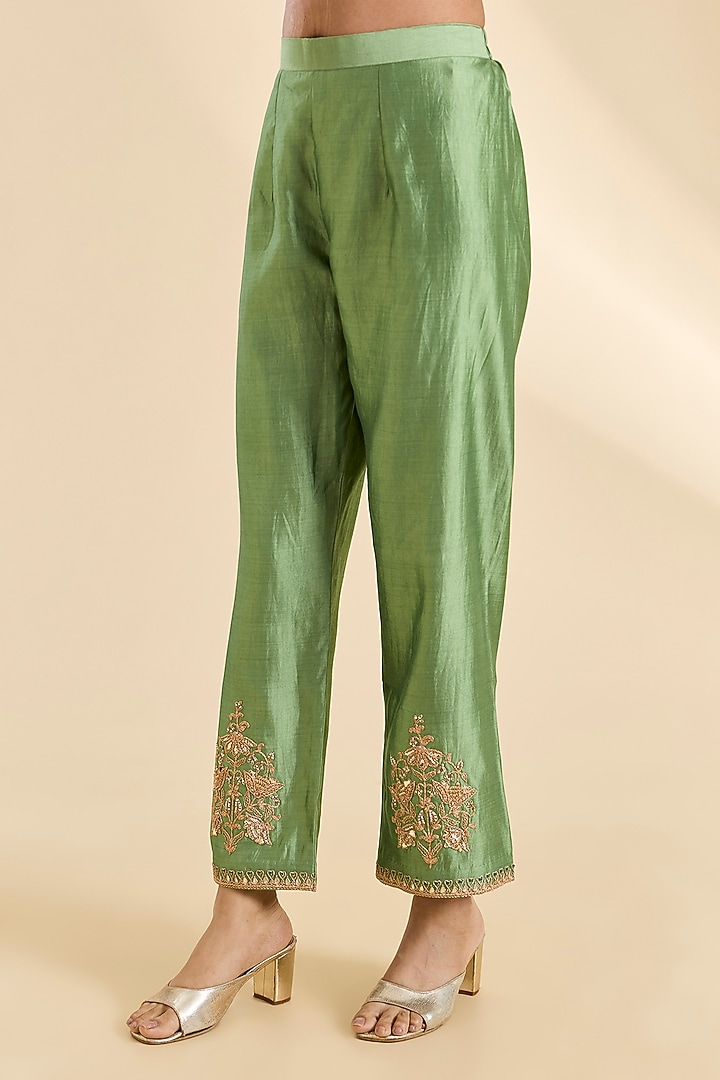 Powder Sage Green Spun Silk Sequins Work Kurta Set by SURBHI SHAH at Pernia's Pop Up Shop