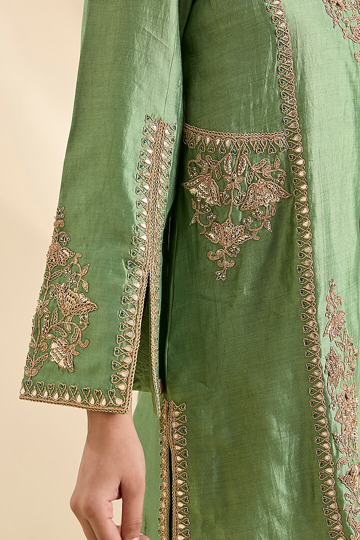 Powder Sage Green Spun Silk Sequins Work Kurta Set by SURBHI SHAH at Pernia's Pop Up Shop