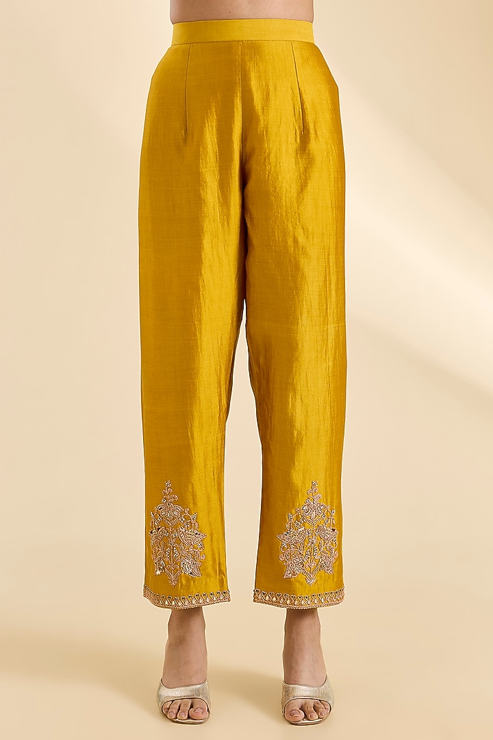 Mustard Yellow Spun Silk Sequins Work Kurta Set by SURBHI SHAH at Pernia's Pop Up Shop