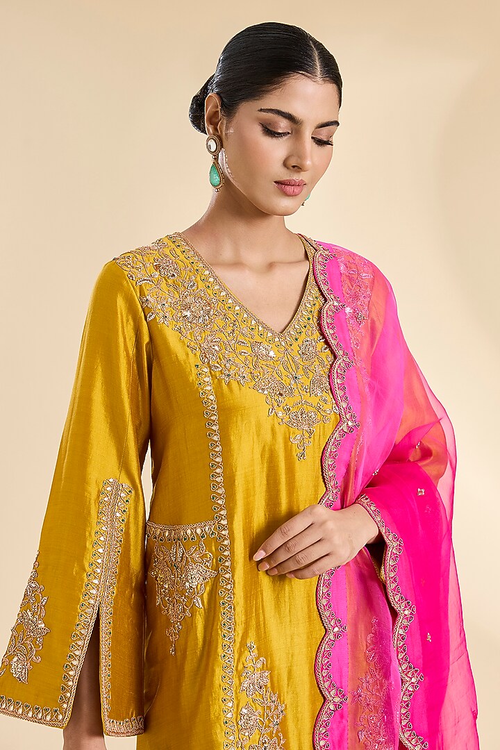 Mustard Yellow Spun Silk Sequins Work Kurta Set by SURBHI SHAH at Pernia's Pop Up Shop