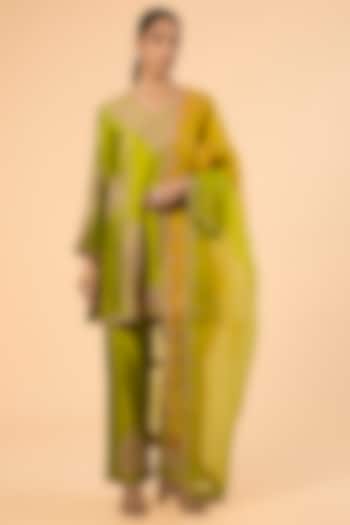 Parrot Green Spun Silk Marori & Sequin Work Kurta Set by SURBHI SHAH at Pernia's Pop Up Shop