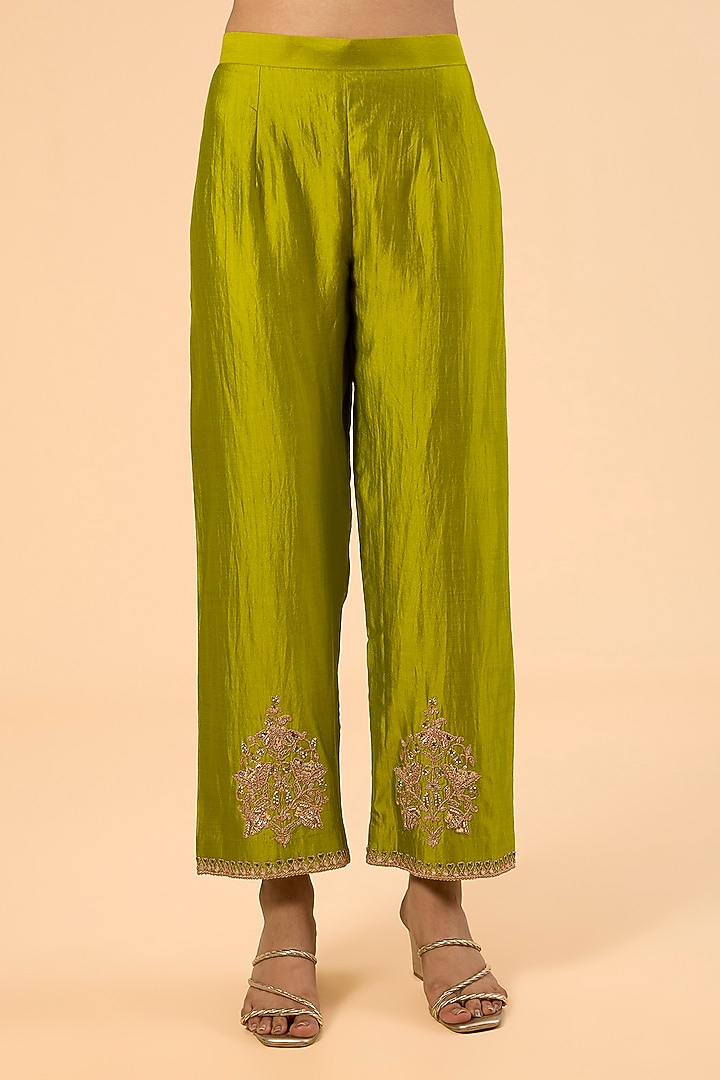 Parrot Green Spun Silk Marori & Sequin Work Kurta Set by SURBHI SHAH at Pernia's Pop Up Shop