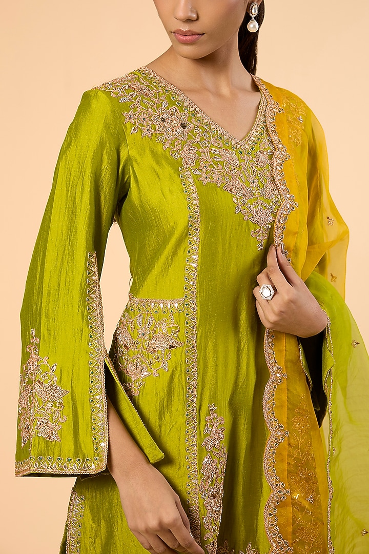 Parrot Green Spun Silk Marori & Sequin Work Kurta Set by SURBHI SHAH at Pernia's Pop Up Shop