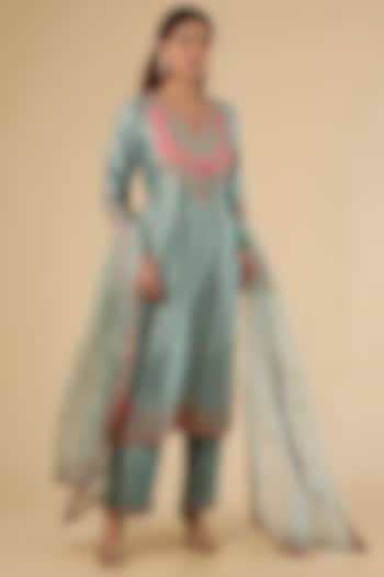 Sea Blue Spun Silk Zardosi Work Kurta Set by SURBHI SHAH at Pernia's Pop Up Shop