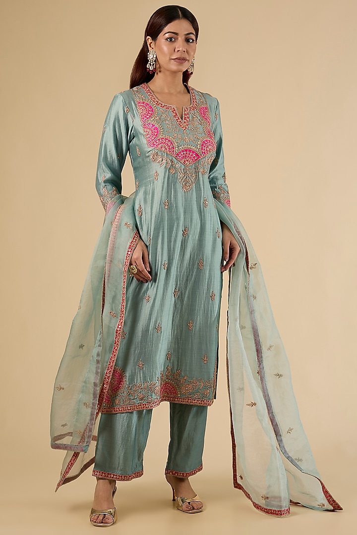 Sea Blue Spun Silk Zardosi Work Kurta Set by SURBHI SHAH at Pernia's Pop Up Shop