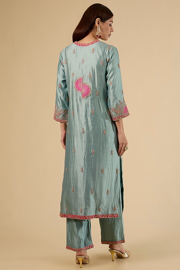 Sea Blue Spun Silk Zardosi Work Kurta Set by SURBHI SHAH at Pernia's Pop Up Shop