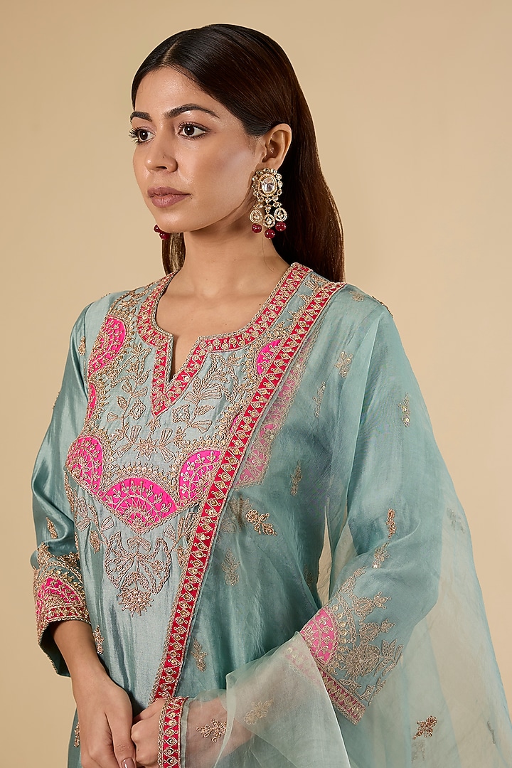 Sea Blue Spun Silk Zardosi Work Kurta Set by SURBHI SHAH at Pernia's Pop Up Shop