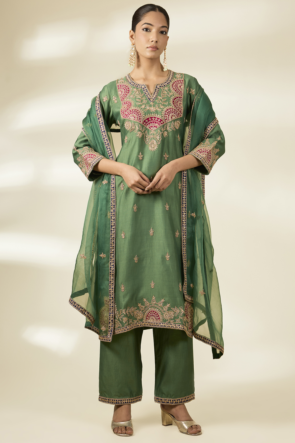 Sage Green Spun Silk Zardosi Work Kurta Set by Surbhi Shah at Pernia's Pop Up Shop
