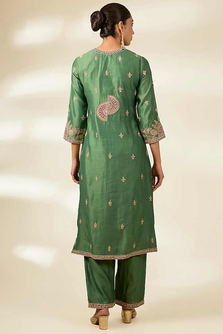 Sage Green Spun Silk Zardosi Work Kurta Set by Surbhi Shah at Pernia's Pop Up Shop