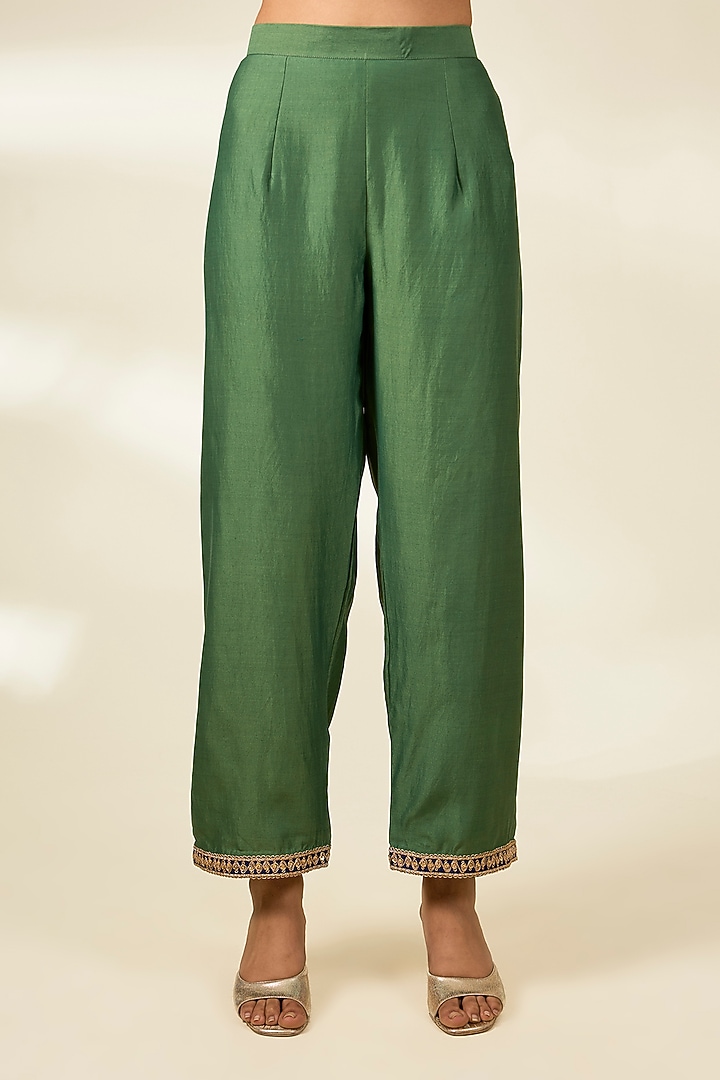 Sage Green Spun Silk Zardosi Work Kurta Set by Surbhi Shah at Pernia's Pop Up Shop