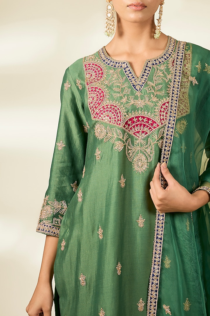 Sage Green Spun Silk Zardosi Work Kurta Set by Surbhi Shah at Pernia's Pop Up Shop