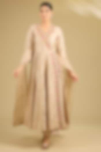 Champagne Spun Silk Marori Work Angrakha Wedding Anarkali Set by SURBHI SHAH at Pernia's Pop Up Shop