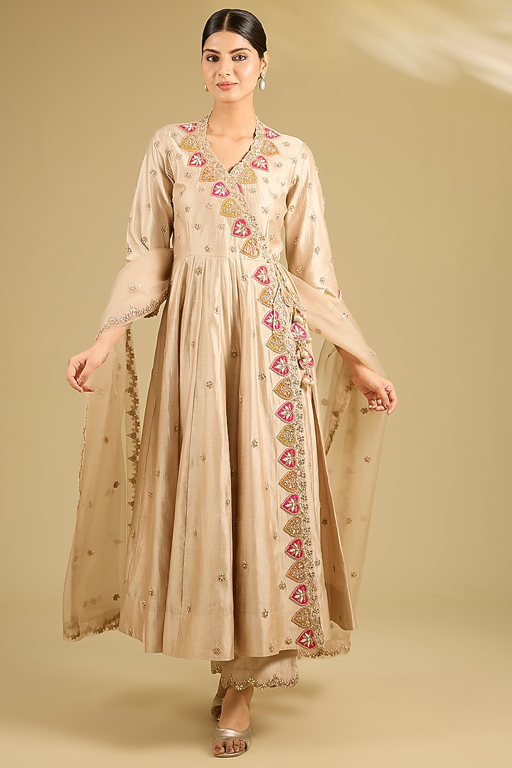 Champagne Spun Silk Marori Work Angrakha Wedding Anarkali Set by SURBHI SHAH at Pernia's Pop Up Shop
