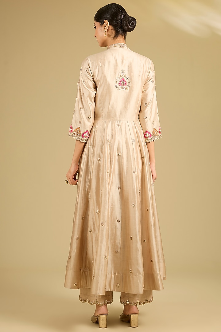 Champagne Spun Silk Marori Work Angrakha Wedding Anarkali Set by SURBHI SHAH at Pernia's Pop Up Shop