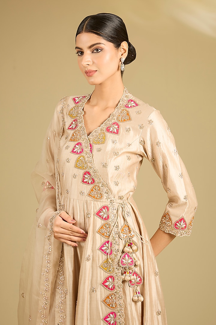 Champagne Spun Silk Marori Work Angrakha Wedding Anarkali Set by SURBHI SHAH at Pernia's Pop Up Shop