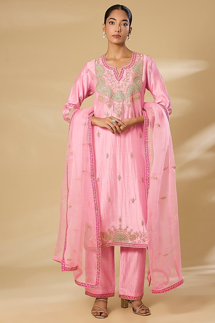 Baby Pink Spun Silk Zardosi Work Kurta Set by SURBHI SHAH at Pernia's Pop Up Shop