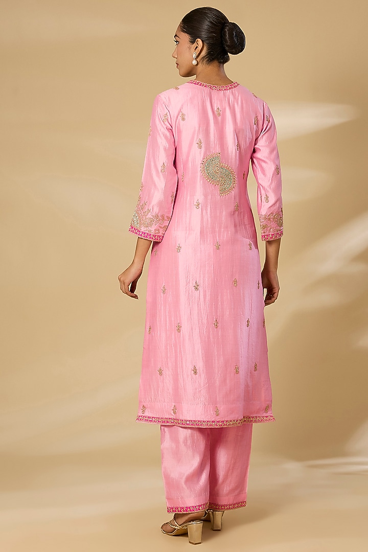Baby Pink Spun Silk Zardosi Work Kurta Set by SURBHI SHAH at Pernia's Pop Up Shop